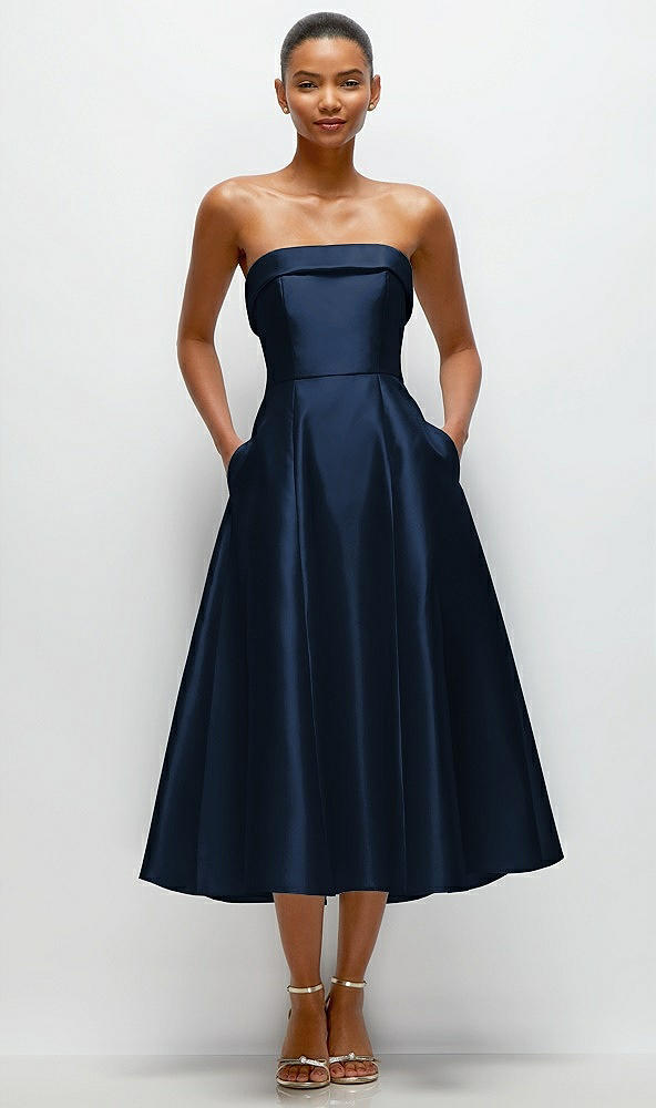 Front View - Midnight Navy Cuffed Strapless Satin Twill Midi Dress with Full Skirt and Pockets