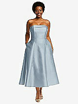 Alt View 1 Thumbnail - Mist Cuffed Strapless Satin Twill Midi Dress with Full Skirt and Pockets