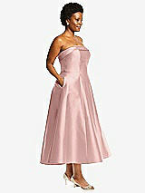 Alt View 3 Thumbnail - Rose Cuffed Strapless Satin Twill Midi Dress with Full Skirt and Pockets