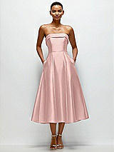 Front View Thumbnail - Rose Cuffed Strapless Satin Twill Midi Dress with Full Skirt and Pockets