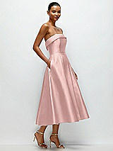 Rear View Thumbnail - Rose Cuffed Strapless Satin Twill Midi Dress with Full Skirt and Pockets