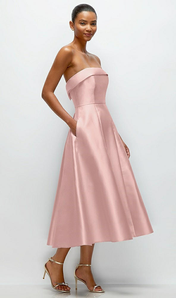 Back View - Rose Cuffed Strapless Satin Twill Midi Dress with Full Skirt and Pockets