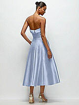 Side View Thumbnail - Sky Blue Cuffed Strapless Satin Twill Midi Dress with Full Skirt and Pockets