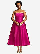 Alt View 4 Thumbnail - Think Pink Cuffed Strapless Satin Twill Midi Dress with Full Skirt and Pockets