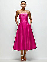 Front View Thumbnail - Think Pink Cuffed Strapless Satin Twill Midi Dress with Full Skirt and Pockets