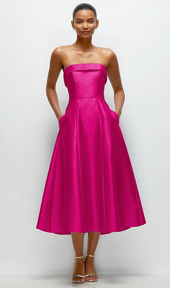 Front View - Think Pink Cuffed Strapless Satin Twill Midi Dress with Full Skirt and Pockets