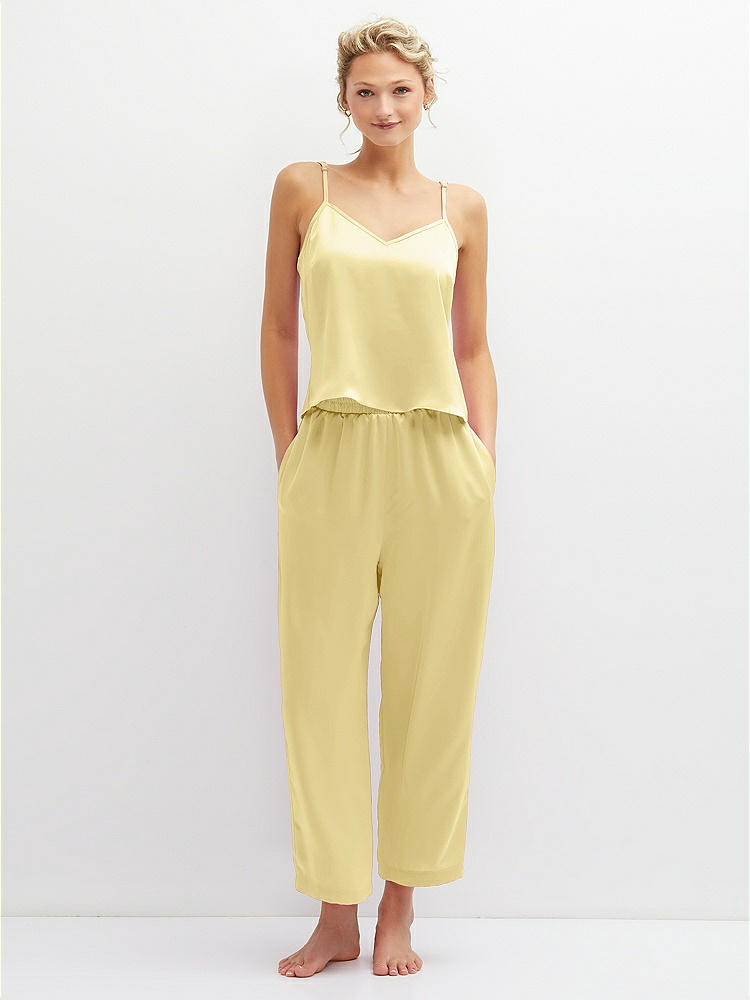 Front View - Pale Yellow Whisper Satin Wide-Leg Lounge Pants with Pockets