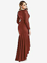 Rear View Thumbnail - Auburn Moon Long Sleeve Pleated Wrap Ruffled High Low Stretch Satin Gown