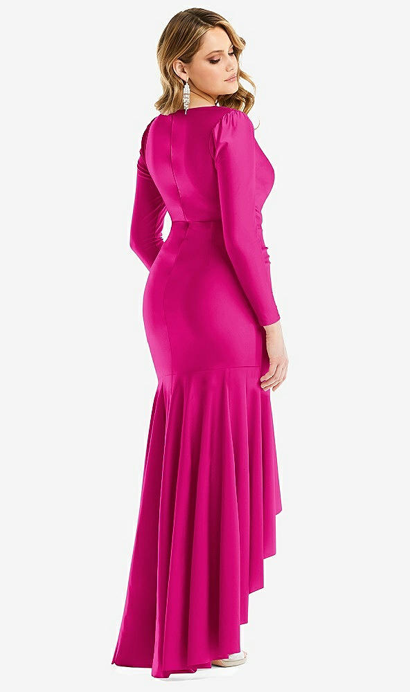 Back View - Think Pink Long Sleeve Pleated Wrap Ruffled High Low Stretch Satin Gown