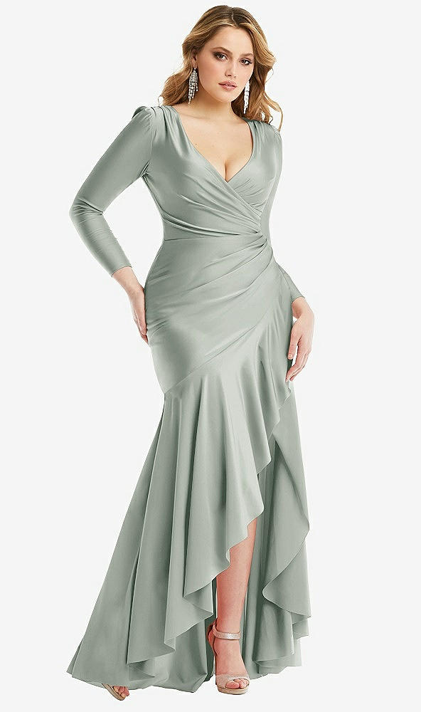 Front View - Willow Green Long Sleeve Pleated Wrap Ruffled High Low Stretch Satin Gown