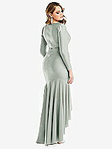 Rear View Thumbnail - Willow Green Long Sleeve Pleated Wrap Ruffled High Low Stretch Satin Gown