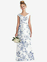 Front View Thumbnail - Cottage Rose Larkspur Floral Off-the-Shoulder Draped Wrap Satin Junior Bridesmaid Dress