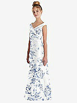 Side View Thumbnail - Cottage Rose Larkspur Floral Off-the-Shoulder Draped Wrap Satin Junior Bridesmaid Dress