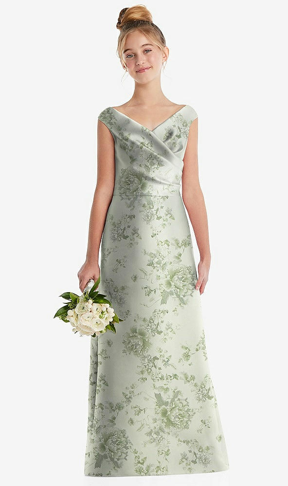 Front View - Sage Cottage Rose Floral Off-the-Shoulder Draped Wrap Satin Junior Bridesmaid Dress