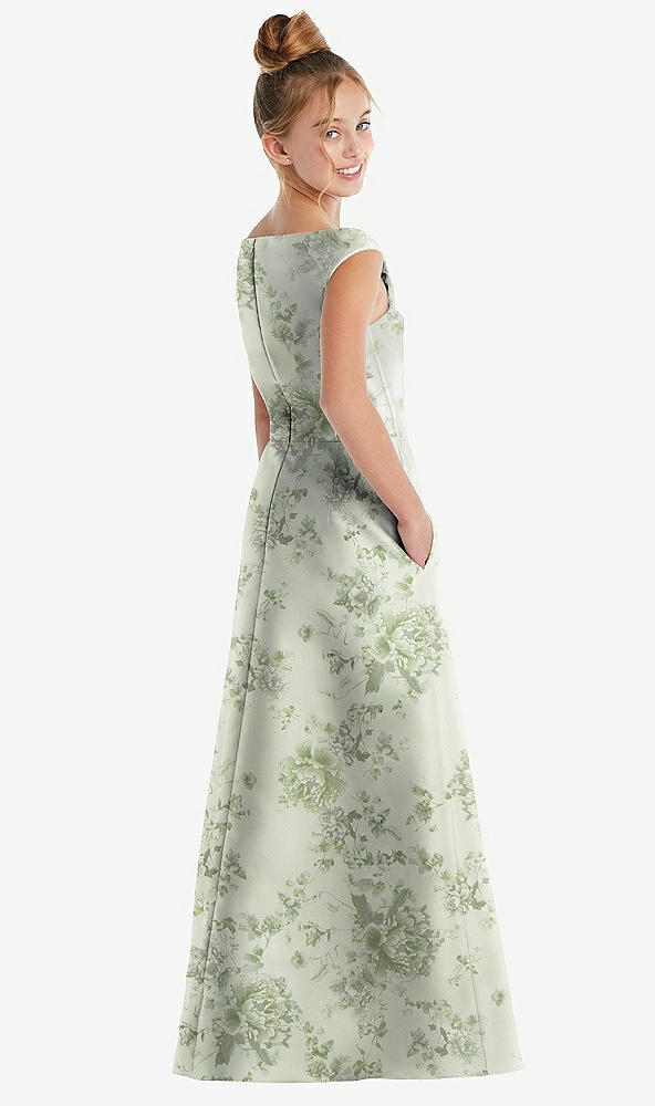 Back View - Sage Cottage Rose Floral Off-the-Shoulder Draped Wrap Satin Junior Bridesmaid Dress