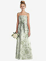 Front View Thumbnail - Sage Cottage Rose Floral A-Line Satin Junior Bridesmaid Dress with Mini Sash