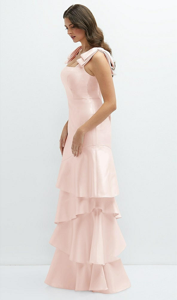 Front View - Blush Bow-Shoulder Satin Maxi Dress with Asymmetrical Tiered Skirt