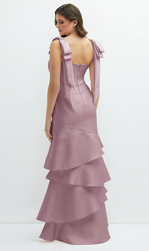 Back View - Dusty Rose Bow-Shoulder Satin Maxi Dress with Asymmetrical Tiered Skirt