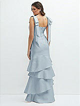 Rear View Thumbnail - Mist Bow-Shoulder Satin Maxi Dress with Asymmetrical Tiered Skirt