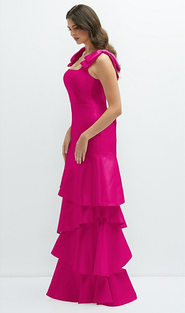 Front View - Think Pink Bow-Shoulder Satin Maxi Dress with Asymmetrical Tiered Skirt