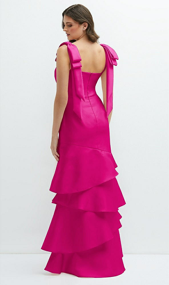 Back View - Think Pink Bow-Shoulder Satin Maxi Dress with Asymmetrical Tiered Skirt