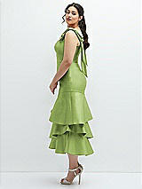 Side View Thumbnail - Mojito Bow-Shoulder Satin Midi Dress with Asymmetrical Tiered Skirt