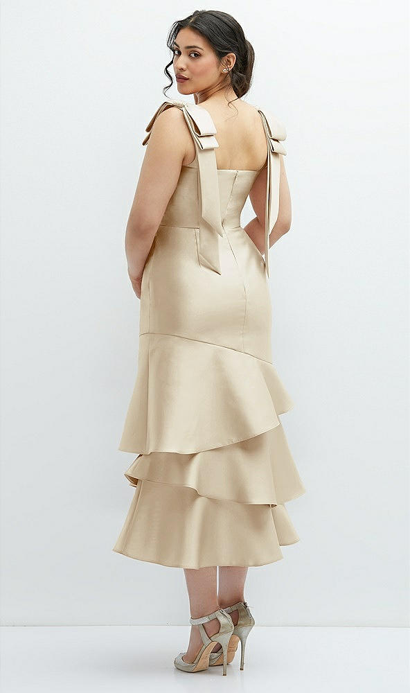 Front View - Champagne Bow-Shoulder Satin Midi Dress with Asymmetrical Tiered Skirt