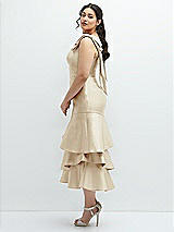 Side View Thumbnail - Champagne Bow-Shoulder Satin Midi Dress with Asymmetrical Tiered Skirt