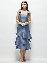 Alt View 1 Thumbnail - Larkspur Blue Bow-Shoulder Satin Midi Dress with Asymmetrical Tiered Skirt