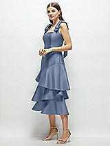 Alt View 2 Thumbnail - Larkspur Blue Bow-Shoulder Satin Midi Dress with Asymmetrical Tiered Skirt