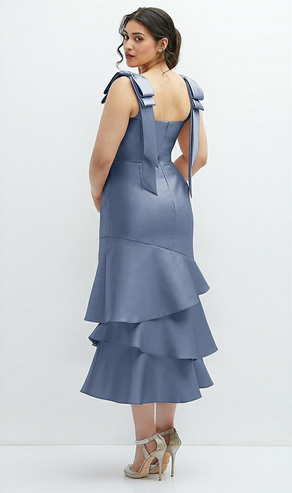 Front View - Larkspur Blue Bow-Shoulder Satin Midi Dress with Asymmetrical Tiered Skirt