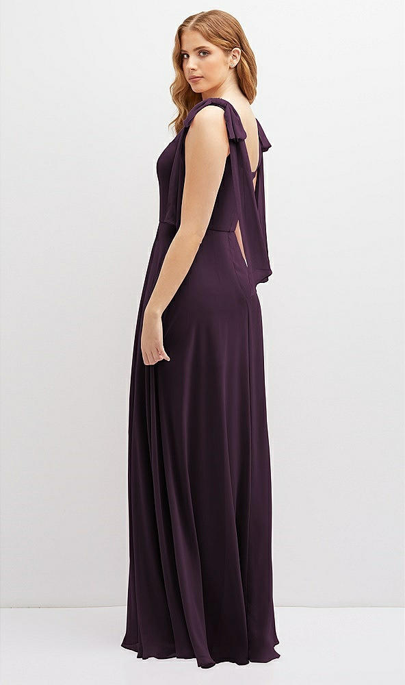 Back View - Aubergine Bow Shoulder Square Neck Chiffon Maxi Dress