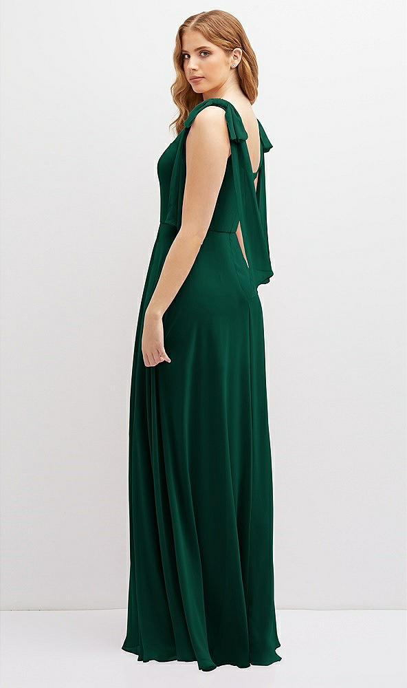 Back View - Hunter Green Bow Shoulder Square Neck Chiffon Maxi Dress