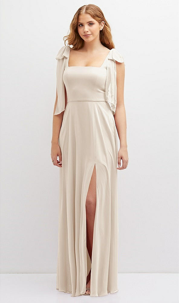 Front View - Oat Bow Shoulder Square Neck Chiffon Maxi Dress