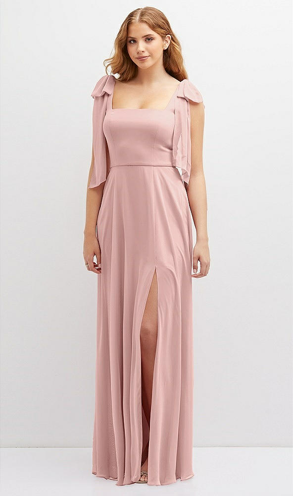 Front View - Rose Bow Shoulder Square Neck Chiffon Maxi Dress