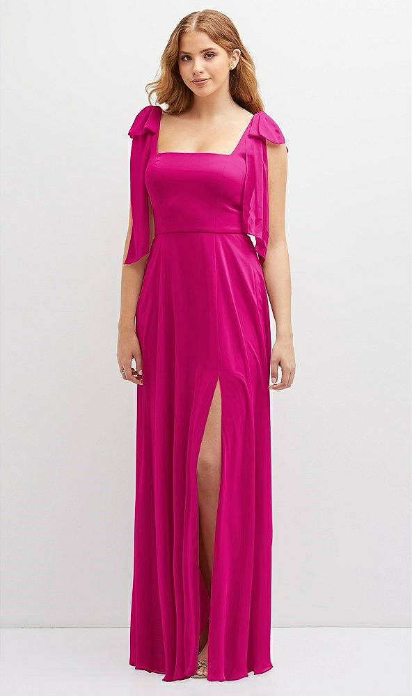 Front View - Think Pink Bow Shoulder Square Neck Chiffon Maxi Dress