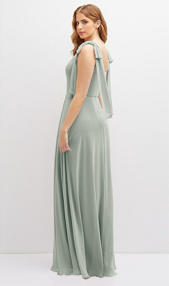 Back View - Willow Green Bow Shoulder Square Neck Chiffon Maxi Dress