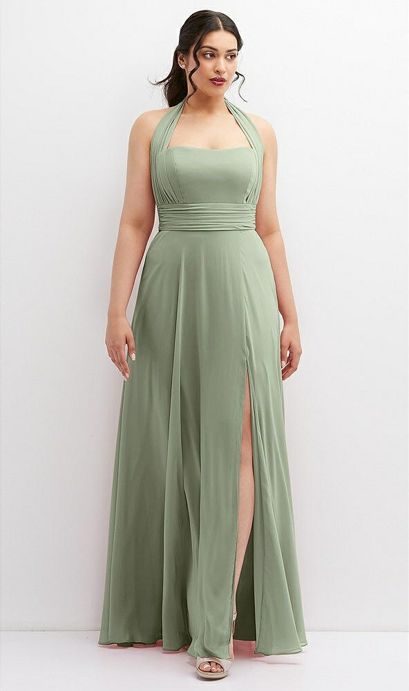 Front View - Sage Chiffon Convertible Maxi Dress with Multi-Way Tie Straps