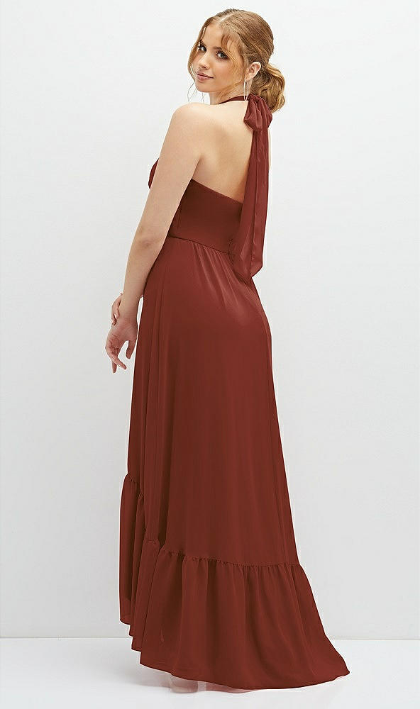 Back View - Auburn Moon Chiffon Halter High-Low Dress with Deep Ruffle Hem