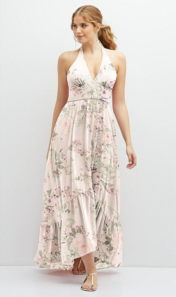 Front View - Blush Garden Chiffon Halter High-Low Dress with Deep Ruffle Hem