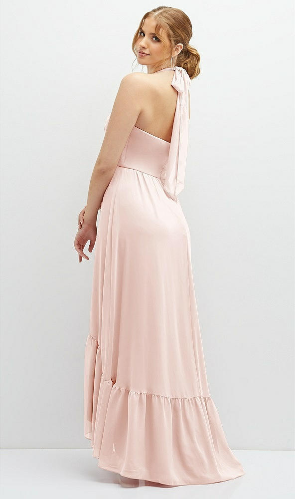 Back View - Blush Chiffon Halter High-Low Dress with Deep Ruffle Hem