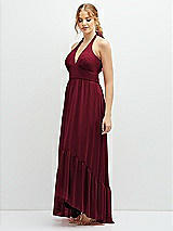 Side View Thumbnail - Burgundy Chiffon Halter High-Low Dress with Deep Ruffle Hem