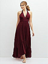 Front View Thumbnail - Cabernet Chiffon Halter High-Low Dress with Deep Ruffle Hem