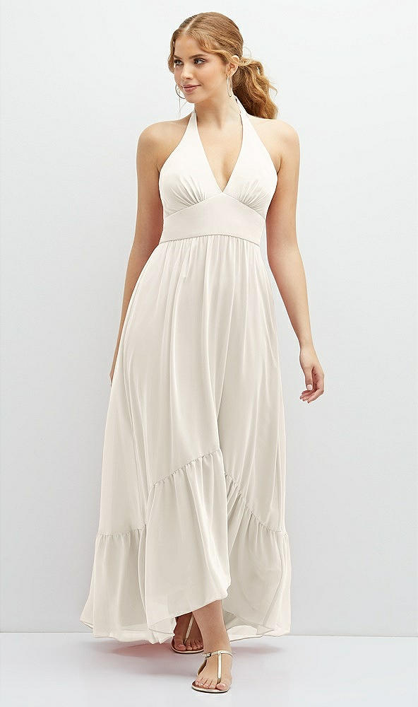 Front View - Ivory Chiffon Halter High-Low Dress with Deep Ruffle Hem