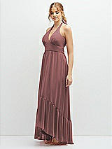 Side View Thumbnail - Rosewood Chiffon Halter High-Low Dress with Deep Ruffle Hem