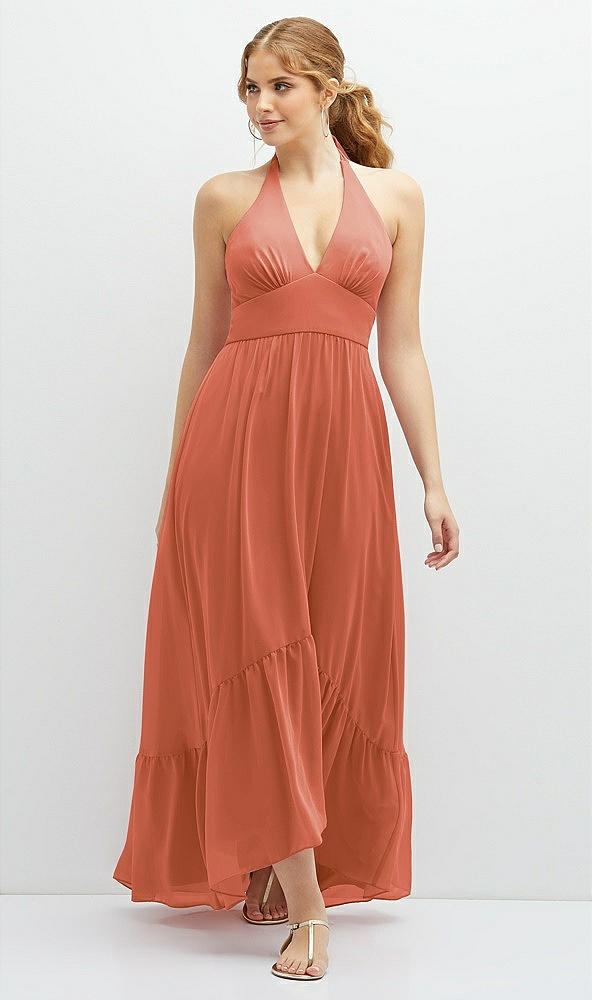 Front View - Terracotta Copper Chiffon Halter High-Low Dress with Deep Ruffle Hem