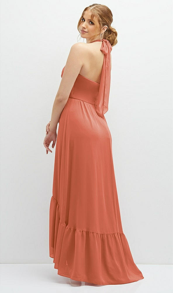 Back View - Terracotta Copper Chiffon Halter High-Low Dress with Deep Ruffle Hem