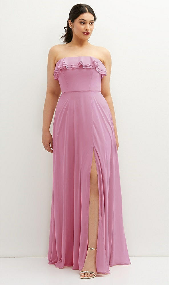 Front View - Powder Pink Tiered Ruffle Neck Strapless Maxi Dress with Front Slit