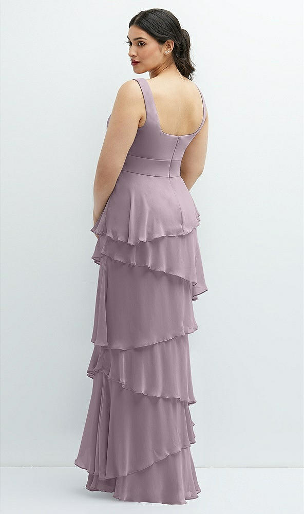 Back View - Lilac Dusk Asymmetrical Tiered Ruffle Chiffon Maxi Dress with Square Neckline