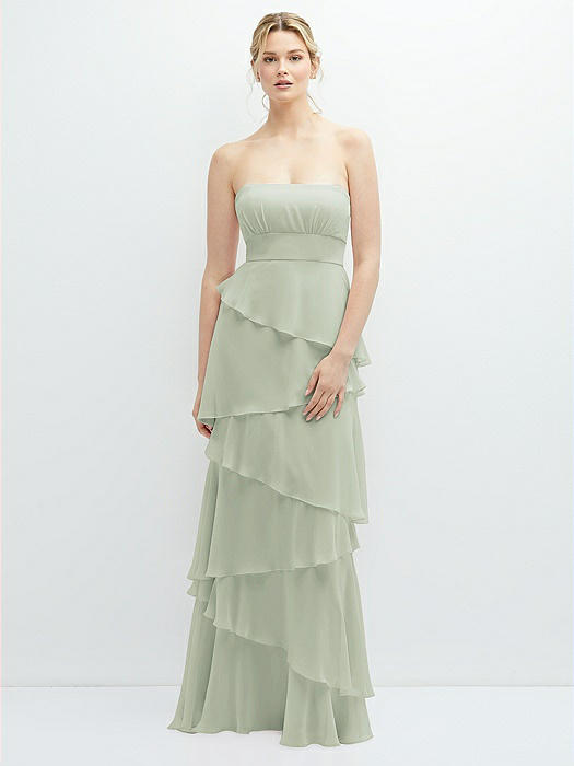 Strapless Asymmetrical Tiered Ruffle Chiffon Maxi Dress